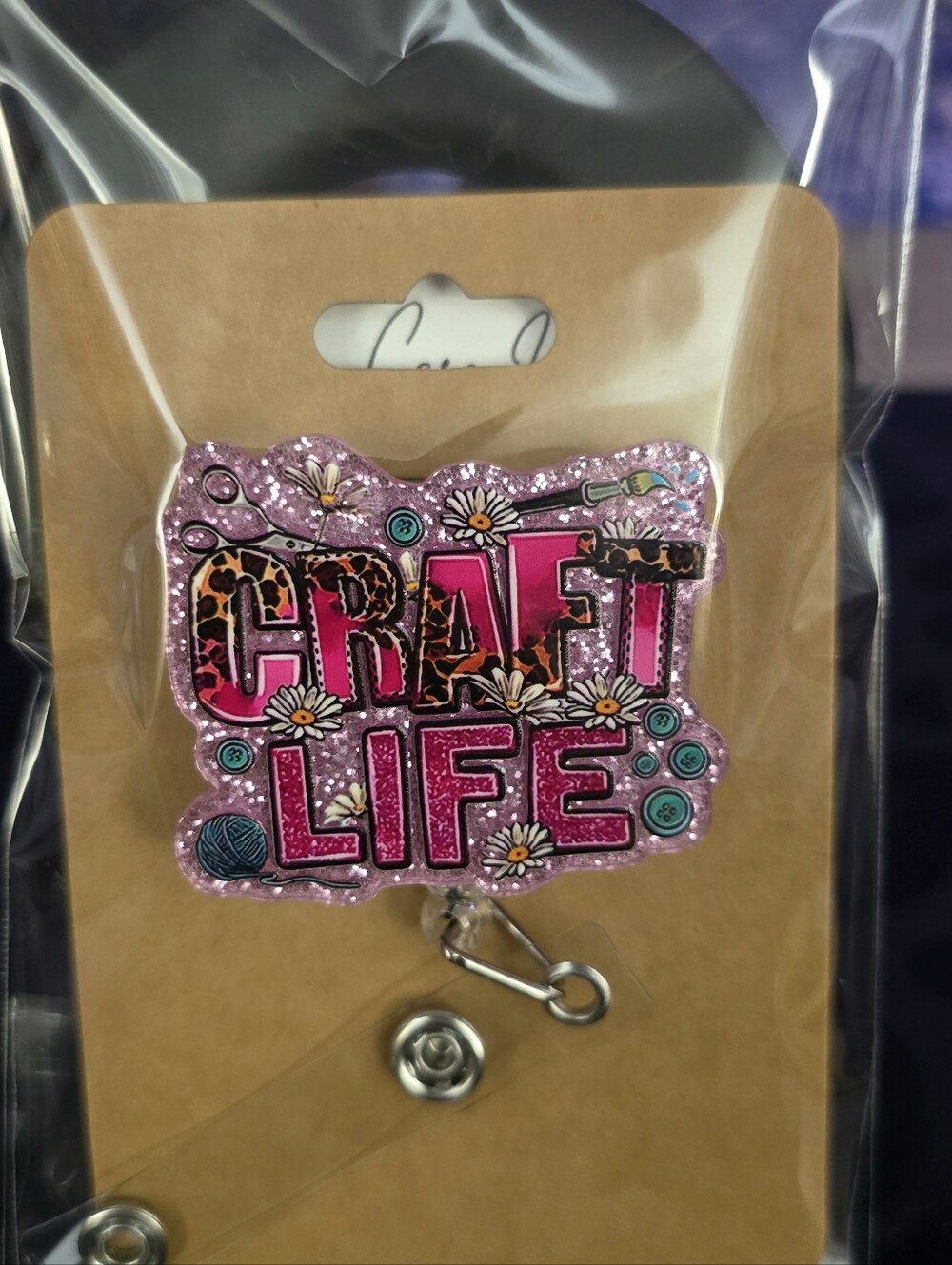 Craft Life Pink Glitter Retractable Badge Reel ID Holder
